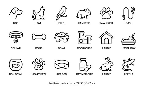 Comprehensive collection of black outline pet animal symbols and equipment icons, clean minimalist graphic elements for veterinary services animal clinics pet store branding professional web design materials pet care mobile apps veterinary brochures and various pet related projects.
