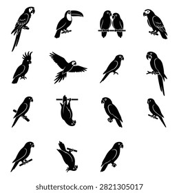 A comprehensive collection of black parrot silhouettes featuring diverse tropical birds in perching, flying, and hanging poses isolated on a plain white background.