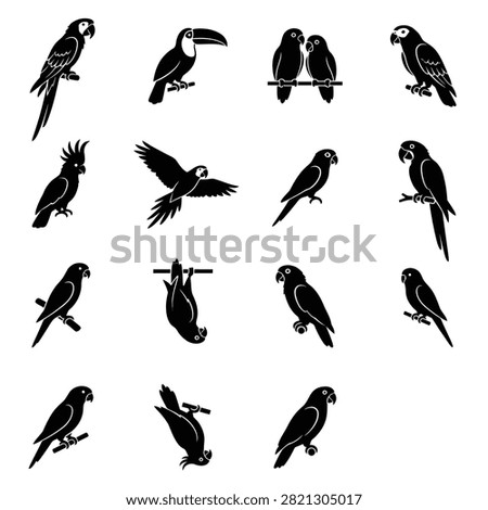 A comprehensive collection of black parrot silhouettes featuring diverse tropical birds in perching, flying, and hanging poses isolated on a plain white background.