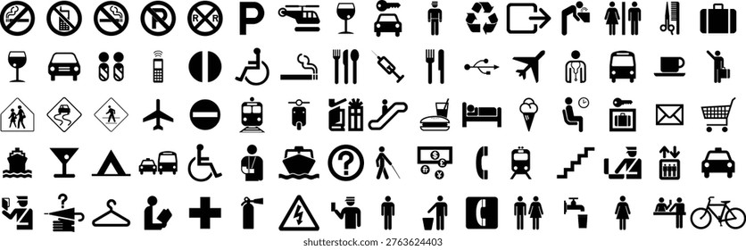 Comprehensive collection of black pictograms for public facilities. Includes transportation, hospitality, and safety symbols. Ideal for urban signage, wayfinding maps, and travel apps.