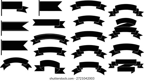 A comprehensive collection of black ribbon banners and flag shapes, presented as vector graphics for design elements, isolated on a clean white background. This set includes various styles, perfect for labels, awards, and decorative purposes.