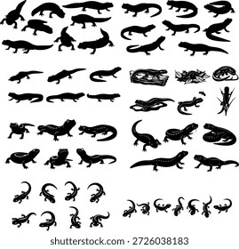 Una completa colección de siluetas de salamandra negra y tritón. Estas ilustraciones muestran varias especies en distintas poses, arrastrándose, nadando o descansando. Adecuado para el arte de la vida silvestre, diagramas científicos y gráficos con temas de naturaleza.