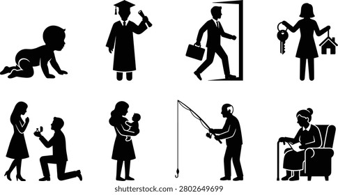 A comprehensive collection of black silhouette icons showcasing key stages, achievements, and milestones throughout a human life. The vector graphics depict significant life cycle events including a crawling baby or infant, a university graduate in a cap and gown holding a diploma, a businessman stepping through a doorway to start a career, a real estate buyer or real estate agent holding keys to a new house, a romantic marriage proposal with a man kneeling, a mother holding her newborn baby, an elderly man enjoying retirement while fishing, and a senior grandmother reading a book in an armchair with a walking cane. This versatile stencil pack is perfect for family psychology blogs, life insurance marketing, generational demographics presentations, and milestone greeting card layouts.