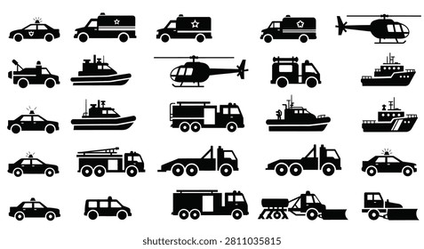 Comprehensive Collection of Black Silhouette Icons Representing Emergency and Service Vehicles Including Police Cars, Ambulances, Fire Trucks, Helicopters, Rescue Boats, and Tow Trucks.