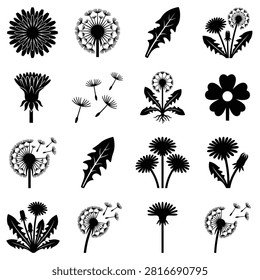 A comprehensive collection of black silhouette icons depicting dandelions in various growth stages, from blooming flowers and seeds to leaves, on a clean white background.