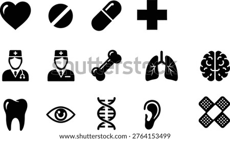 A comprehensive collection of black silhouette icons representing various medical, healthcare, and human anatomy concepts, including doctors, organs, medications, and first aid.