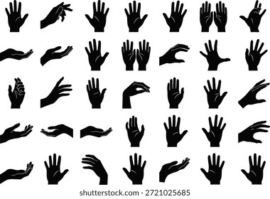 Uma coleção abrangente de ilustrações de silhueta preta que retratam vários gestos e poses da mão humana, isolados em um fundo branco limpo para uso versátil.