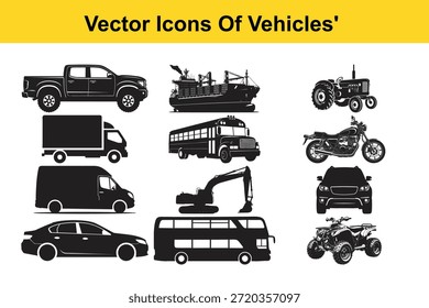 Uma coleção abrangente de ícones de vetor de silhueta preta mostrando vários modos de transporte e veículos industriais em um fundo branco limpo, ideal para projetos de design.
