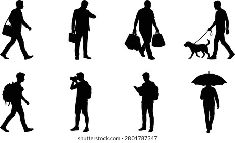 A comprehensive collection of black silhouettes depicting men in diverse daily activities including commuting, shopping, photography, and leisure. These versatile icons are perfect for architectural visualization, urban lifestyle infographics, and commercial design projects.
