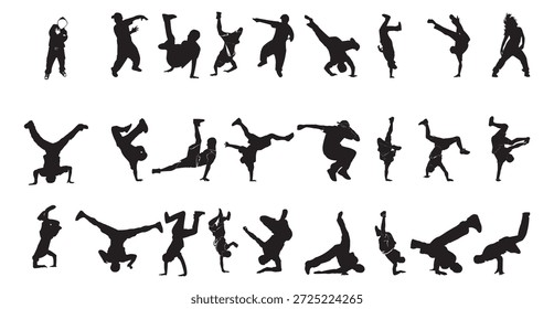 Uma coleção abrangente de silhuetas pretas com aproximadamente trinta figuras masculinas envolvidas em várias poses de dança dinâmica. enfatiza a forma, o atletismo e a fluidez dos dançarinos, tornando esta imagem ideal para representar temas da cultura hip-hop, dança de rua e arte urbana.