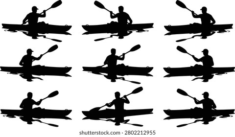 A comprehensive collection of black silhouettes featuring individuals rowing kayaks in various angles with realistic water reflections. Ideal for designs related to outdoor adventure, summer recreation, and aquatic sports.
