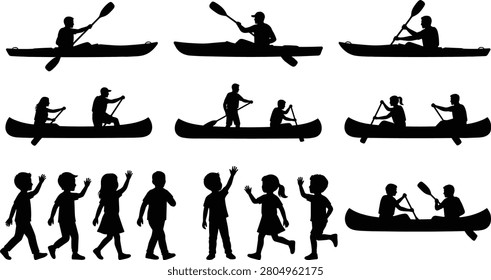 A comprehensive collection of black silhouettes featuring individuals in kayaks, couples in canoes, and children in motion. This set is perfect for designs related to outdoor recreation, water sports, and family summer activities.
