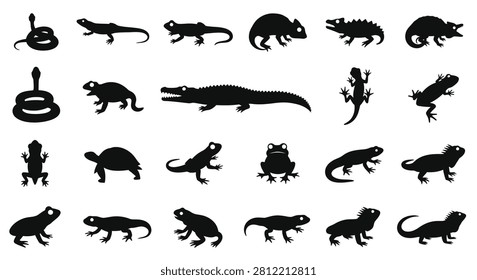 Comprehensive collection of black silhouettes featuring various reptiles and amphibians such as snakes, lizards, crocodiles, frogs, turtles, and chameleons isolated on white background.