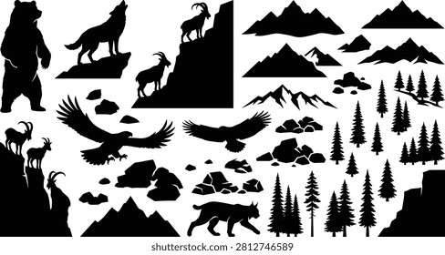 Comprehensive collection of black silhouettes featuring mountain wildlife and forest landscape elements. Perfect for outdoor branding, camping apparel, vinyl decals, and adventure-themed graphic designs.
