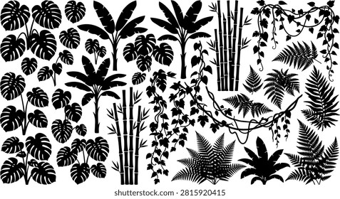 A comprehensive collection of black silhouettes featuring lush tropical elements including monstera plants, banana palms, bamboo stalks, creeping ivy vines, and forest ferns. Perfect for creating botanical patterns, summer themed invitations, wellness branding, and nature designs.A comprehensive collection of black silhouettes featuring lush tropical elements including monstera plants, banana palms, bamboo stalks, creeping ivy vines, and forest ferns. Perfect for creating botanical patterns, summer themed invitations, wellness branding, and nature designs.