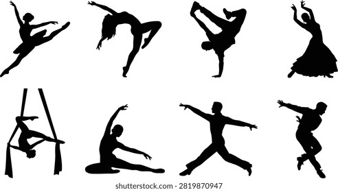 A comprehensive collection of black silhouettes featuring performers in various dance disciplines including ballet, contemporary, flamenco, breakdancing, and aerial acrobatics. Perfect for dance studio promotional materials, theatrical event posters, and performing arts branding.
