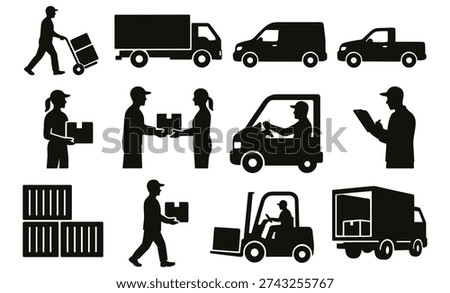 A comprehensive collection of black silhouettes representing the logistics and shipping industry. The set includes delivery personnel carrying boxes, various transport vehicles like trucks and vans, and warehouse equipment such as forklifts and cargo containers. Perfect for business presentations, website icons, and instructional materials regarding supply chain management.