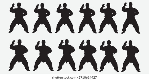 Eine umfassende Sammlung schwarzer Silhouetten, die verschiedene Kampfkunstpraktiker in verschiedenen dynamischen Posen und Selbstverteidigungsbewegungen zeigen. Ideal für Sport oder Fitness.
