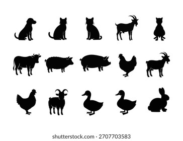 Eine umfassende Sammlung schwarzer Silhouetten verschiedener Nutztiere und Haustiere, perfekt für Designprojekte, Symbole und Lehrmaterialien auf sauberem, weißem Hintergrund.