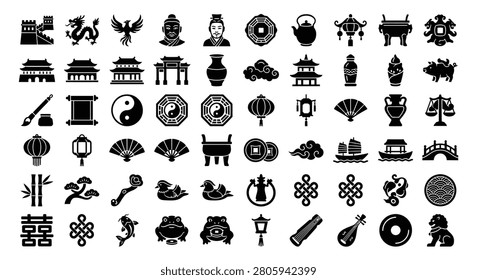 Comprehensive collection of black solid icons representing traditional Chinese culture, featuring the Great Wall, dragon, phoenix, pagodas, temples, lanterns, yin yang, calligraphy, and artifacts.