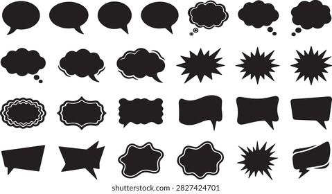 A comprehensive collection of black speech and thought bubble vector silhouettes, perfect for comic books, graphic design projects, and creative illustrations. This versatile set features a wide variety of shapes, including classic round dialogue balloons, cloud-like thought bubbles, dramatic explosion bursts, and sleek rectangular text frames. Ideal for web design, social media graphics, posters, and print media where bold, impactful communication elements are needed.

#SpeechBubble #ComicArt #VectorGraphics #DesignElements #ThoughtBubble #GraphicDesign #ComicBalloons #Silhouette #DigitalArt #ChatIcons