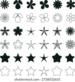 Comprehensive collection of black star and flower icons featuring both solid silhouettes and thin line outlines for decorative graphic