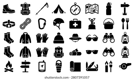 Comprehensive collection of black vector icons for hiking and camping featuring equipment like tents, backpacks, boots, compasses, lanterns, and survival gear on white background.