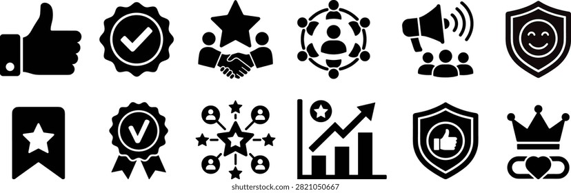A comprehensive collection of black vector icons representing business trust, premium quality, customer satisfaction, and social proof. Ideal for web design, marketing materials, and corporate presentations to emphasize brand authority and reliability.