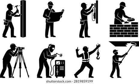A comprehensive collection of black vector silhouettes featuring building construction workers and industrial trades, including a carpenter, engineer, electrician, bricklayer, surveyor, welder, rigger, and painter. Ideal for occupational safety manuals, trade school promotions, and construction company branding.