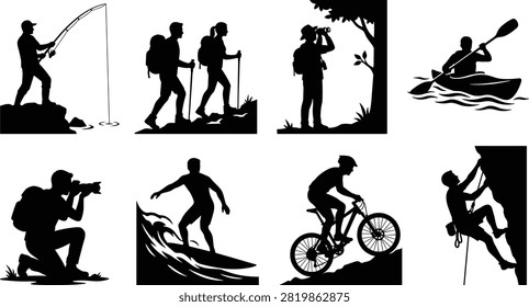 A comprehensive collection of black vector silhouettes depicting various outdoor recreation activities, including rock climbing, hiking, mountain biking, and surfing. This versatile graphic set is perfect for travel branding, adventure sports marketing, and promotional leisure materials.