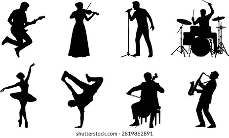A comprehensive collection of black vector silhouettes showcasing various musicians and dancers in dynamic performance poses. This versatile graphic asset pack is ideal for music festival promotions, theater posters, concert branding, and dance studio advertisements.