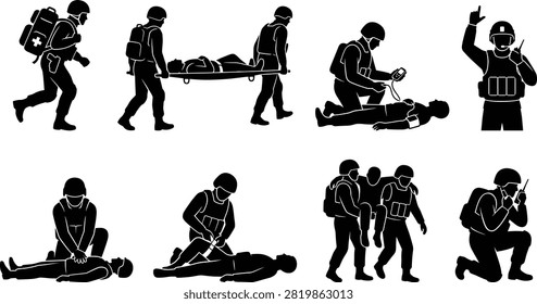 A comprehensive collection of black vector silhouettes depicting military medics and soldiers performing tactical combat casualty care, first aid, and emergency rescue. This illustration set is ideal for defense training materials, emergency response guides, and medical aid graphics.