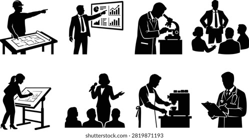 A comprehensive collection of black vector silhouettes illustrating diverse career occupations, professional industries, and workplace scenarios. This versatile design asset pack is ideal for corporate recruiting, human resources presentations, and educational training materials.