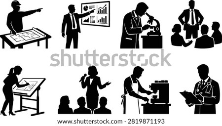 A comprehensive collection of black vector silhouettes illustrating diverse career occupations, professional industries, and workplace scenarios. This versatile design asset pack is ideal for corporate recruiting, human resources presentations, and educational training materials.