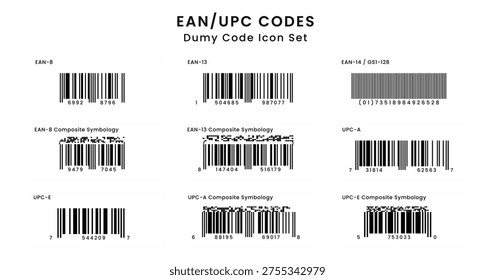 A comprehensive collection of black and white barcode vector icons, featuring various EAN and UPC symbologies. These dummy code designs are perfect for retail packaging, inventory management systems, logistics, and supply chain graphic design projects.