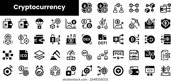 Uma coleção abrangente de ícones de criptomoedas preto e branco, mostrando vários símbolos relacionados a blockchain, mineração, carteiras e finanças descentralizadas.