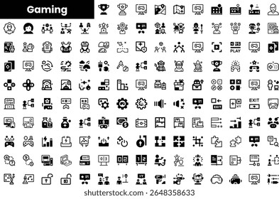 Una colección completa de íconos de juegos en blanco y negro, con varios controladores, trofeos y avatares, que simbolizan los diversos Elementos del mundo de los juegos.