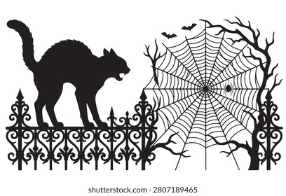 A comprehensive collection of black and white Halloween vector silhouettes. This spooky set includes classic horror elements such as a flying witch, haunted mansion, zombies, grim reaper, ghosts escaping a coffin, a vampire, scarecrow, stacked jack-o'-lanterns, cemetery graveyard, gothic gate, and a black cat with a spider web. Ideal for holiday invitations, party flyers, decorations, and seasonal graphic design projects.