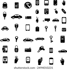 A comprehensive collection of black and white icons related to cars, car keys, and mobile devices. The set includes various depictions of vehicles, key fobs, and smartphones