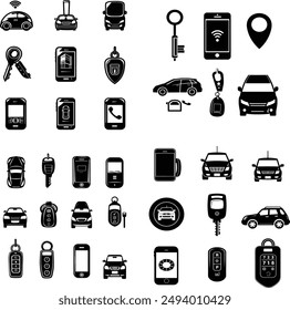 A comprehensive collection of black and white icons related to cars, car keys, and mobile devices. The set includes various depictions of vehicles, key fobs, and smartphones