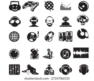 Una colección completa de iconos en blanco y negro para dj, música y producción de audio