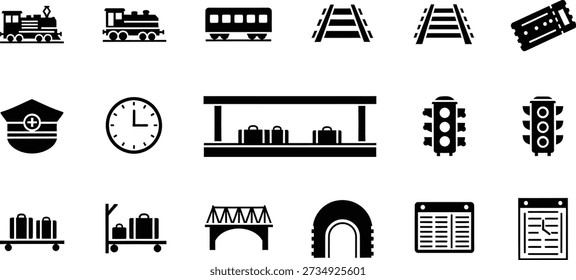 A comprehensive collection of black and white icons representing various elements of train travel and railway infrastructure, including locomotives, tracks, tickets, station platforms, luggage, signals, and schedules.