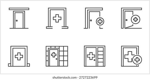 Eine umfassende Kollektion von Vektorsymbolen mit schwarz-weißer Linie, die verschiedene Türentwürfe darstellen, wobei viele explizit ein prominentes medizinisches Kreuz-Symbol aufweisen, das Krankenhauseingänge, Notdienste, Kliniken oder allgemeine Gesundheitseinrichtungen darstellt, einzeln auf sauberem weißem Hintergrund