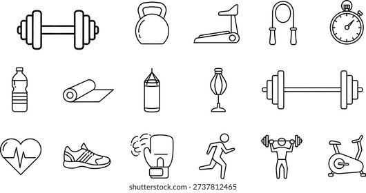 A comprehensive collection of black and white line art icons depicting various fitness and gym equipment, sports activities, and health-related symbols for exercise and workout routines.