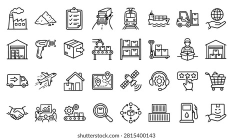 A comprehensive collection of black and white line icons representing logistics, supply chain management, shipping, and industrial warehouse processes.
