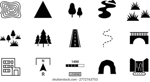 A comprehensive collection of black and white map icons illustrating geographical features like mountains, rivers, forests, roads, bridges, buildings, caves, and waterfalls. Essential for cartography and navigation.