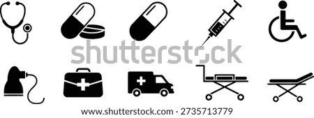 A comprehensive collection of black and white medical icons, featuring essential healthcare equipment and services such as a stethoscope, various medications, a syringe, a wheelchair, a first aid kit, an ambulance, and stretchers, presented in a clean, minimalist style.