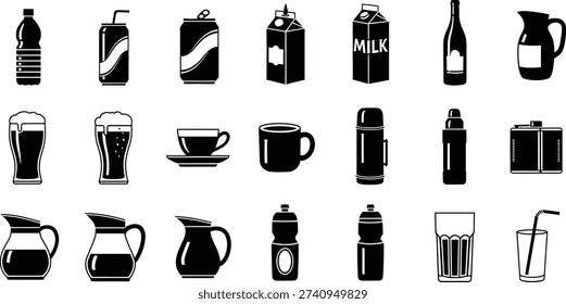 A comprehensive collection of black and white silhouette icons depicting various beverage containers, including bottles, cans, cartons, glasses, mugs, pitchers, and thermos flasks, representing a wide array of drinks.