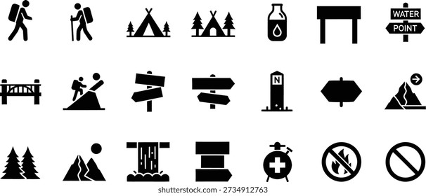 A comprehensive collection of black and white vector icons representing various outdoor activities, hiking, camping, and nature-related elements including signs.