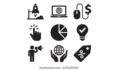 A comprehensive collection of black and white vector icons representing various aspects of business, digital marketing, technology, finance, and global communication, including launch, analytics, ideas, and promotions.